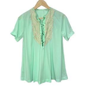 Vintage Nylon Green Lace Pajama Top Size S 1/2 Button Front Short Sleeve Tunic